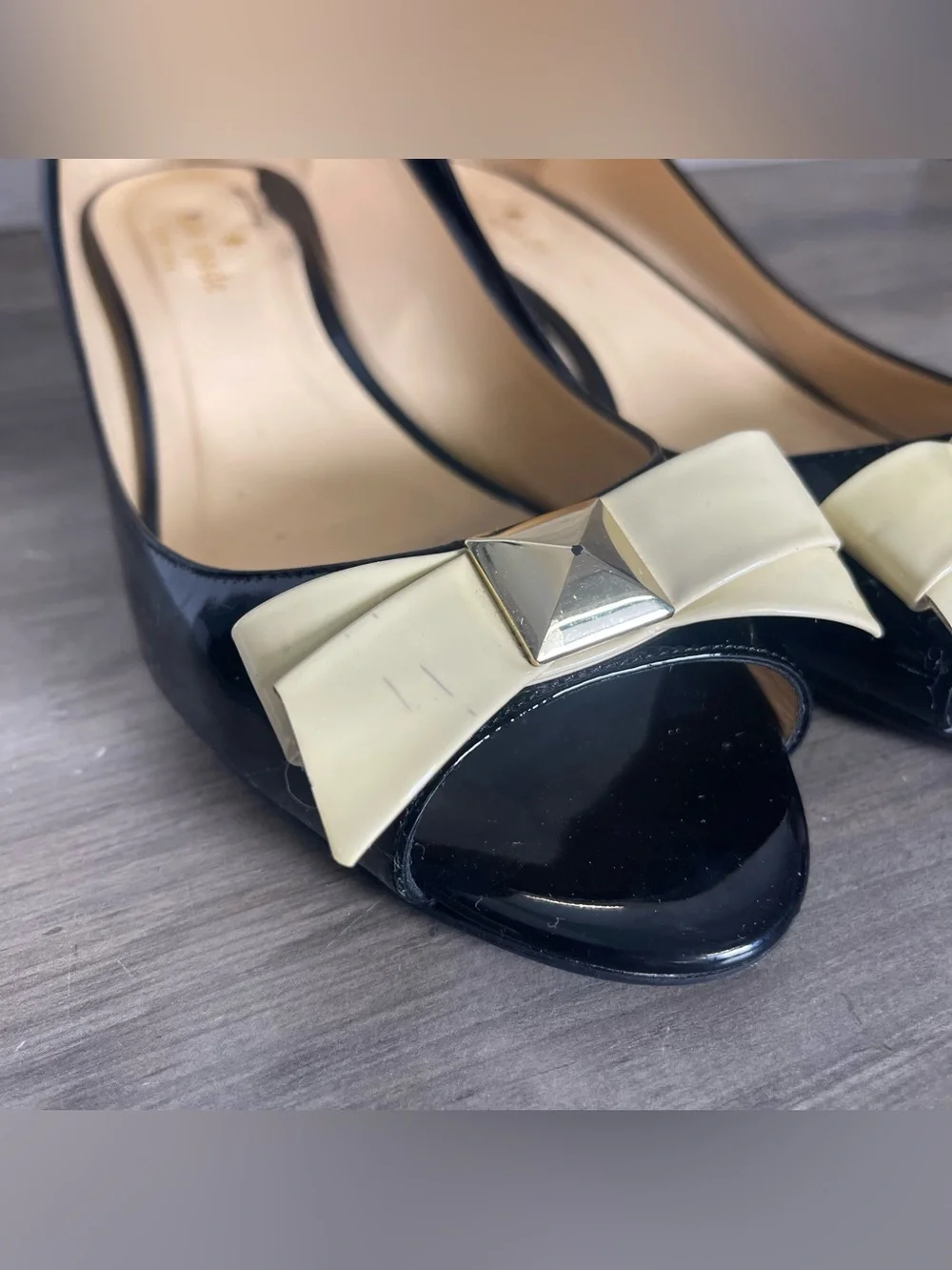 Kate Spade 8.5 Tilda Black Patent Doe Bow Stud Slip On Low Wedges W/Box And Bag‎